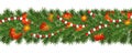 Christmas and happy New Year garland and border of Christmas tree branches decorated with holly Berries, stars and beads. Holiday