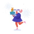 Christmas and Happy New Year greeting card with dancing people characters with 2020 year. Woman with gifts, celebration