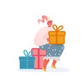 Christmas and Happy New Year greeting card with people characters. Woman with gifts, celebration, party, winter holidays