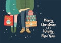 Christmas and Happy New Year illustration with romantic couple with gifts