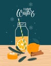 Christmas and Happy New Year illustration. Winter greeting card with Orange citrus drink and spruce branches and