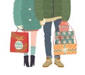 Christmas and Happy New Year isolated illustration with romantic couple with gifts. Trendy retro style. Vector design.