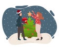 Christmas and Happy New Year people celebrating. Men with woman decorate Christmas tree together. Vector illustration