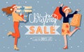 Christmas and Happy New Year sales banner. Happy girls with Christmas gifts and purchases.