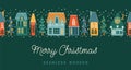 Christmas and Happy New Year seamless border. City, houses, Christmas trees, snow.. Vector design template. Royalty Free Stock Photo