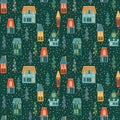 Christmas and Happy New Year seamless pattern. City, houses, Christmas trees, snow. Royalty Free Stock Photo