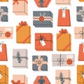 Christmas and Happy New Year seamless pattern with gift boxes on a white background Royalty Free Stock Photo