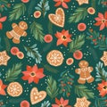 Christmas and Happy New Year seamless pattern with needles, flowers and gingerbread. Vector template.