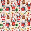 Christmas and Happy New Year seamless pattern with snowman and gifts. Trendy retro style. Watercolor illustration