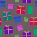 Christmas and Happy New Year seamless pattern with striped colorful gift boxes on brown background. Trendy retro style. Vector des Royalty Free Stock Photo