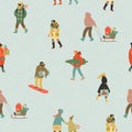 Christmas and Happy New Year seamless pattern whit people. Trendy retro style.