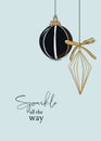 Christmas and Happy New Year template, bauble hanging in black gold colors winter greeting card. Trendy retro style Royalty Free Stock Photo