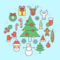 Christmas and Happy New Year 2017 Thin Line Icons Set with Santa Claus, Reindeer and Christmas Tree Royalty Free Stock Photo