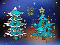 Christmas and happy new 2016 year vector cartoon icons with decorated trees