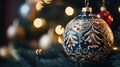 Christmas Harmony vibrant Christmas ornament, intricately decorated, hanging on a tree, with a soft glow of festive lights