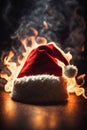 Christmas hat on fire on the floor, xmas background