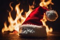 Christmas hat on fire on the floor, xmas background