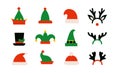 Christmas hats isolated illustrations. Red Santa Claus hat. Elves or gnomes hats. Cartoon reindeer antlers. Top hat with Royalty Free Stock Photo