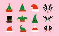 Christmas hats isolated illustrations. Red Santa Claus hat. Elves or gnomes hats. Cartoon reindeer antlers. Top hat with Royalty Free Stock Photo