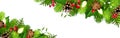 Christmas header or banner with fir branches, Christmas lights, and decorations. Vector illustration