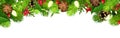 Christmas header or banner with fir branches, Christmas lights, and decorations. Vector illustration