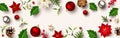 Christmas header or banner with Christmas balls, poinsettia flowers, cones, holly, and mistletoe. Vector illustration