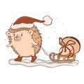 Christmas hedgehog carries a mushroom isolate on a white background. Vector graphics Royalty Free Stock Photo