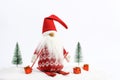 Christmas helper (elf) skiing on snow next two snowy trees and three gifts Red and white colors Royalty Free Stock Photo