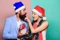 Christmas is here. gift with love. time for presents. happy family couple celebrate xmas. santa man and woman with