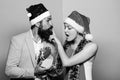 Christmas is here. gift with love. time for presents. happy family couple celebrate xmas. santa man and woman with