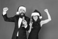 Christmas is here. they love new year. greetings concept. formal couple visiting event ceremony. tuxedo man and woman in Royalty Free Stock Photo