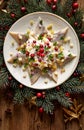 Christmas Herrings fillets with cream sauce with apple, pickled cucumbers, red onion and spices, garnished with cranberries on a c Royalty Free Stock Photo