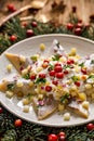 Christmas Herrings fillets with cream sauce with apple, pickled cucumbers, red onion and spices, garnished with cranberries on a c Royalty Free Stock Photo