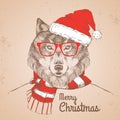 Christmas Hipster fashion animal wolf dressed a New Year hat