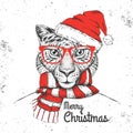 Christmas Hipster fashion animal cheetah dressed a New Year hat