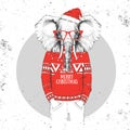 Christmas Hipster fashion animal elephant dressed in New Year hat and pullover