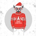 Christmas Hipster fashion animal lemur dressed a New Year hat