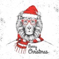 Christmas Hipster fashion animal lion dressed a New Year hat and scarf