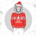 Christmas Hipster fashion animal lion dressed a New Year hat