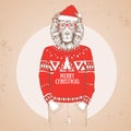 Christmas Hipster fashion animal lion dressed a New Year hat