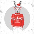 Christmas Hipster fashion animal rabbit dressed in New Year hat and pullover