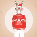 Christmas Hipster fashion animal rabbit dressed in New Year hat and pullover