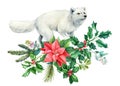 Christmas holiday animal, cute arctic fox isolated on white background. Hand drawn watercolor illustration