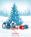 Christmas holiday background with a blue tree and presents. Royalty Free Stock Photo