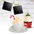 Christmas holiday background with coffee, cupcake and polaroid frames