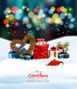 Christmas holiday background with colorful gift boxes and chrismas hat.