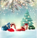 Christmas holiday background with colorful presents and magic box. Royalty Free Stock Photo