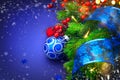 Christmas holiday background. Decorated Christmas tree over blue Royalty Free Stock Photo