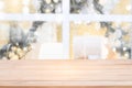 Christmas holiday background with empty wood table Royalty Free Stock Photo