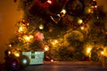 Christmas holiday background with empty wooden deck table over bokeh. Royalty Free Stock Photo